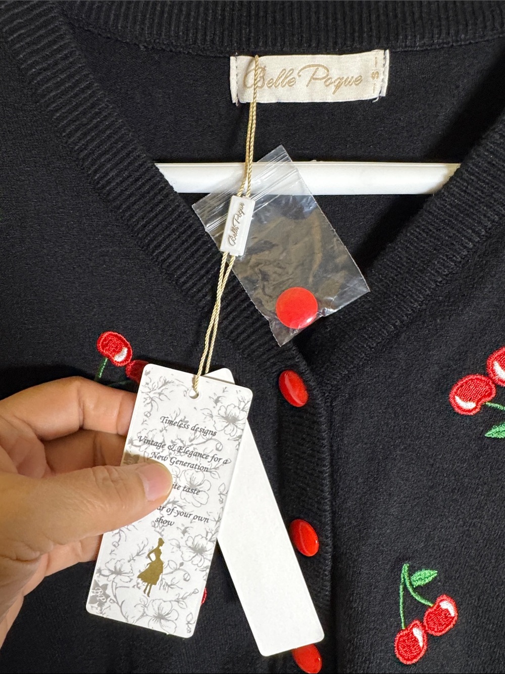 Belle Poque Black Cherry-Embroidered V-Neck Cardigan Sweater Sz Small NWT - Picture 3 of 7